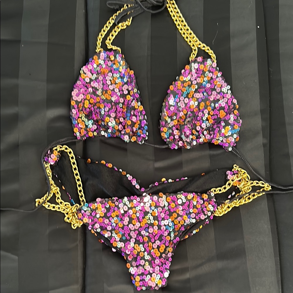 Sequin Bikini with Gold Chain Straps